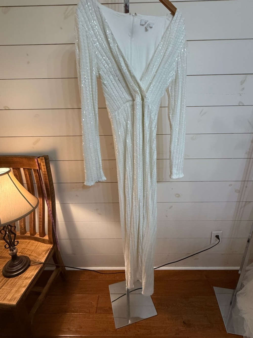 Lulu's Ivory Sequin V-Neck Long Sleeve Wedding Gown